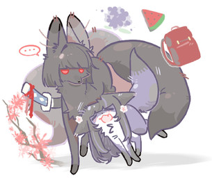 ambiguous_feral ambiguous_gender backpack black_body black_fur black_hair black_nose branch cherry_blossom dipstick_tail duo ellipsis eyes_closed fangs feral flower food fruit fur gloves_(marking) hair half-closed_eyes happy highlights_(coloring) larger_feral leaning_on_another leg_markings long_tail markings melee_weapon melon multicolored_body multicolored_fur narrowed_eyes neutral_expression open_mouth open_smile pink_flower plant pointy_ears prick_ears prunus_(flower) purple_body purple_flower purple_fur purple_highlights red_backpack red_eyes red_flower scabbard size_difference smaller_feral smile snout socks_(marking) speech_bubble sword tail tail_markings teeth watermelon watermelon_slice weapon white_body white_fur feng_nirvana limbus_company project_moon araya_(limbus_company) ryoshu_(limbus_company) canid canine fox mammal 2026 widescreen daughter_(lore) female_(lore) mother_(lore) mother_and_child_(lore) mother_and_daughter_(lore) parent_(lore) parent_and_child_(lore) parent_and_daughter_(lore)