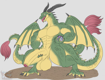 3_tails 4_fingers 4_toes abs anthro balls barazoku biceps big_balls big_muscles big_pecs big_penis biped claws digitigrade dirt eyeball fangs feet finger_claws fingers foreskin genitals glans green_body half-erect hand_on_penis holding_eyeball holding_object holding_orb holding_penis horn huge_balls huge_penis humanoid_genitalia humanoid_penis long_penis looking_at_viewer male membrane_(anatomy) membranous_wings multi_tail multicolored_body multicolored_scales multicolored_tail multicolored_wings muscular muscular_anthro muscular_arms muscular_male muscular_thighs navel no_irises open_mouth partially_retracted_foreskin pecs penis pupils red_tuft scales sharp_teeth simple_background slit_pupils solo spiked_neck spiked_tail spiked_wings spikes spikes_(anatomy) standing tail tail_tuft teeth thick_thighs toe_claws toes tongue tongue_out triceps tuft white_background wings yellow_balls yellow_body yellow_foreskin daikuhiroshiama dragon_quest european_mythology mythology square_enix dragon liege_lizard mythological_creature mythological_scalie scalie western_dragon winged_dragon 2026 hi_res