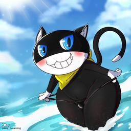 anthro balls beach bikini_thong black_body black_clothing black_fur black_mask black_thong black_underwear blue_eyes blush bulge clothing clothing_pull cloud fur genitals inner_ear_fluff kerchief leaning leaning_forward light looking_at_viewer male markings mask navel outside partially_clothed_male partially_submerged penis pupils raised_tail sea seaside sky slit_pupils smile smiling_at_viewer solo speedo sun sunlight swimwear tail tail_markings teeth thong toothy_smile tuft underwear underwear_pull water white_body white_fur wide_hips yellow_kerchief pony_dreaming atlus megami_tensei persona_(series) persona_5 sega morgana_(persona) domestic_cat felid feline felis mammal tuxedo_cat 1:1 2022 absurd_res hi_res