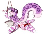 anthro anus armwear balls bdsm big_tail blush bodily_fluids bondage bound butt clothing femboy foreskin fur genital_fluids genitals legwear male pattern_clothing pattern_legwear paws penis pillow pink_body pink_fur precum presenting purple_body purple_fur restraints rope rope_bondage seductive simple_background solo spreading striped_clothing striped_legwear stripes submissive submissive_male tail eihman drewby_(drewby) felid mammal pantherine snow_leopard