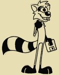 anthro floppy_disk grin male shy smile solo teeth tooth_gap yellow_and_black doodledoggy mammal procyonid raccoon toonkind clip_studio_paint_(artwork) digital_media_(artwork) monochrome