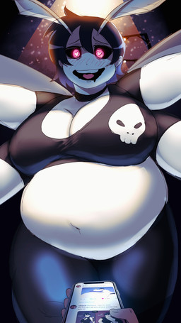 alternate_species anthro big_breasts black_clothing black_shirt black_topwear blue_bottomwear blue_clothing blue_jeans blue_pants blush blush_lines bodily_fluids bone bottomwear breasts cellphone cleavage clothed clothing denim denim_bottomwear denim_clothing drooling electronics female hair heart_eyes heart_symbol holding_cellphone holding_object holding_phone holding_smartphone jeans navel overweight overweight_female pants phone pink_eyes saliva shirt skull smartphone solo topwear white_body debuiscool nihijack twitter carol_(nihijiack) arthropod insect lepidopteran moth 4k 9:16 absurd_res hi_res