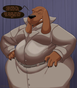 4_fingers anthro belt big_butt black_claws black_nose brown_body brown_fur butt claws clothed clothed_anthro clothed_male clothing dialogue ears_down eyes_closed fingers fur hands_on_hips male overweight overweight_anthro overweight_male pivoted_ears solo speech_bubble text topwear vest witdrawsloods mcgruff_the_crime_dog canid canine canis domestic_dog mammal 2026 absurd_res digital_drawing_(artwork) digital_media_(artwork) english_description english_text hi_res