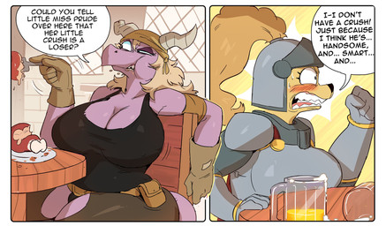 angry anthro argument armor big_breasts breasts cleavage clothed clothing dialogue duo eating female fur huge_breasts panties purple_body purple_scales scales text thick_thighs thigh_cutout underwear yellow_body yellow_fur ghioel mythology amelia_steelheart cass_(simplifypm) canid canine canis domestic_dog dragon mammal mythological_creature mythological_scalie scalie absurd_res comic english_text hi_res