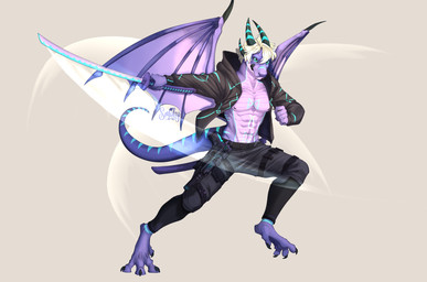 abs anthro blue_markings bottomwear claws clothing coat gun hair handgun holstered_pistol horn katana male markings melee_weapon navel nipples pants pecs pistol purple_body ranged_weapon slashing solo sword tail toe_claws topwear weapon white_hair wings smokylamb mythology grydir_dacanoor_(griffonki) dragon mythological_creature mythological_scalie scalie absurd_res hi_res