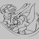 aircraft airplane chair clothing eyewear fangs furniture glasses horn simple_background solo teeth tongue vehicle dragontherapist kobold scalie 1:1 black_and_white monochrome sketch