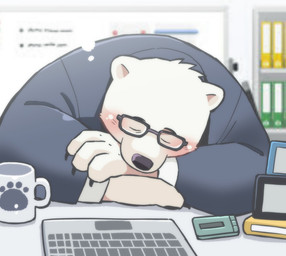 anthro black_nose blush clothing computer detailed_background electronics eyes_closed fur inside kemono male overweight overweight_anthro overweight_male shirt sleeping solo topwear white_body white_fur garouzuki bear mammal polar_bear ursine 2020