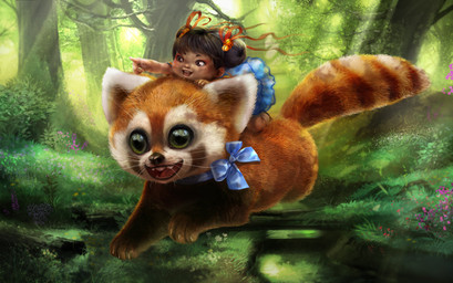 accessory big_eyes bow_(feature) bow_accessory bow_ribbon chibi claws clothing creek detailed_background dress duo female feral fluffy gesture hair hair_accessory hair_bow hair_ribbon hand_gesture happy jumping log nature outside plant pointing quadruped ribbons riding running smile tail tree whiskers wood young yamiza ailurid human mammal red_panda
