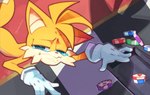 anthro blue_eyes bodily_fluids clothing fingers fur gloves handwear looking_at_viewer male silhouette solo tears yellow_body yellow_fur disabledfetus sega sonic_the_hedgehog_(series) miles_prower canid canine fox mammal hi_res