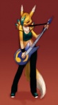 alternate_color anthro biped black_clothing black_legwear bottomwear breasts clothing crop_top dipstick_tail ears_up electric_guitar eyes_closed female footwear front_view fur gloves_(marking) guitar hair hair_over_eye highlights_(coloring) legwear long_ears markings midriff multicolored_tail music musical_instrument one_eye_obstructed orange_hair pants playing_guitar playing_music plucked_string_instrument red_background shirt shoes simple_background sneakers solo standing string_instrument tail tail_markings teal_highlights teal_markings topwear two_tone_tail white_body white_fur wings yellow_body yellow_fur jingx1 bandai_namco digimon fender_jaguar fender_musical_instruments_corporation fan_character jemma_(jingx1) canid canine digimon_(species) mammal renamon digital_media_(artwork) full-length_portrait portrait sketch