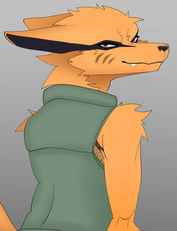 anthro clothing fur green_clothing male orange_body orange_fur rear_view red_eyes smile smiling_at_viewer smirk smirking_at_viewer solo enoxarts naruto kurama canid canine fox mammal absurd_res clip_studio_paint_(artwork) concept_art digital_drawing_(artwork) digital_media_(artwork) hi_res