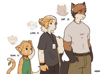 anthro bottomwear clothing collar group leaf male pants shirt t-shirt tank_top topwear trio young young_anthro young_male capnkabi daff_(capnkabi) lukas_(capnkabi) temmi_(leafontail) canid canine domestic_cat felid feline felis fox human humanoid mammal hi_res brother_(lore) brothers_(lore) sibling_(lore)