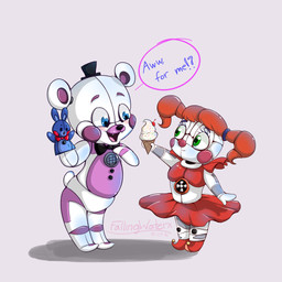 anthro blue_eyes bottomwear button_(fastener) chibi clothing dessert dress duo eyebrows eyelashes fangs female food footwear green_eyes grey_body hair happy hat headgear headwear ice_cream machine male open_mouth open_smile purple_body purple_cheeks red_cheeks red_hair red_nose shoes skirt smile speaker standing teeth tongue white_body white_skin fallingwaterx five_nights_at_freddy's scottgames sister_location circus_baby_(fnaf) funtime_freddy_(fnafsl) puppet_bonnie_(fnafsl) animatronic bear humanoid mammal robot 1:1 2016 hi_res