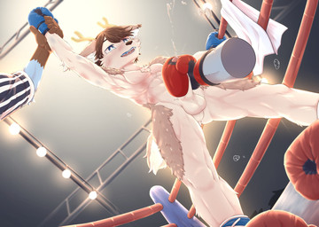 anthro antlers biped blue_clothing blue_eyes blue_gloves blue_handwear bodily_fluids boxing boxing_gloves brown_hair bruised clothing cum defeated disembodied_hand ejaculation erection fight fighting_ring fur fur_tuft genital_fluids genitals glovejob gloves hair handjob handwear holding_arm horn humanoid_genitalia humanoid_penis inner_ear_fluff kemono low-angle_view male mouthguard nude nude_male one_eye_closed open_mouth orgasm penile penis perineum red_clothing red_handwear referee sex sport stroking_penis sweat tail tuft worm's-eye_view betsuto vikipedeer deer mammal hi_res