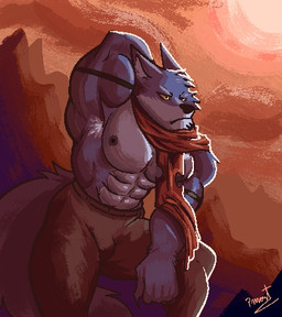 abs anthro armpit_hair blue_body blue_fur body_hair bottomwear clothed clothing detailed_background fur male muscular muscular_anthro muscular_male nipples pants pecs raised_arm scarf solo sunset yellow_eyes pinumontbalou dragon_ball dragon_ball_super bergamo canid canine canis mammal wolf digital_media_(artwork) low_res pixel_(artwork)