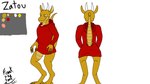 anthro claws clothing hoodie horn intersex maleherm rear_view red_clothing red_hoodie red_topwear smile solo tail topwear yellow_eyes frank_the_tank mythology zatou_syrene dragon kobold mythological_creature mythological_scalie scalie 16:9 hi_res model_sheet widescreen