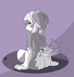 anthro arched_back breasts butt butt_squish ear_piercing ear_ring ear_tuft female fur fur_markings grey_body grey_fur hair heart_eyes heart_pupils heart_symbol looking_at_viewer looking_back looking_back_at_viewer markings piercing purple_eyes ring_piercing simple_background sitting smile solo squish tail tail_tuft tongue tongue_out tuft white_body white_fur white_hair soothingbunny vtuber whispaw lagomorph leporid mammal rabbit absurd_res hi_res source_request