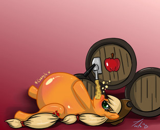 apple barrel belly big_belly blonde_hair blush cider clothing cowboy_hat cutie_mark drinking female feral food fruit fur green_eyes hair hat headgear headwear huge_belly inflation orange_body orange_fur orange_skin plant quadruped solo tail t00tz friendship_is_magic hasbro my_little_pony applejack_(mlp) earth_pony equid equine horse mammal pony 2012