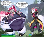 5_tails anthro belly big_belly big_breasts blonde_hair blush breasts clothing dialogue duo ellipsis female female/female forest fur gameplay_mechanics hair huge_belly huge_breasts huge_thighs index_to_index jiggling jungle linked_speech_bubble looking_at_another morbidly_obese multi_tail number obese overweight overweight_female pink_eyes pink_hair plant purple_sclera scar size_difference speech_bubble tail text text_emphasis thick_thighs tight_clothing torn_clothing tree white_body white_fur wounded drokmars epic_games fortnite catalyst_(fortnite) kimiko_five-tails canid canine fox mammal absurd_res english_text hi_res