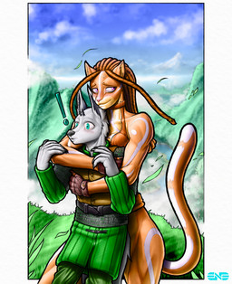 anthro armor athletic athletic_female belt blue_eyes blush bodily_fluids bottomwear bra breast_squish breasts chainmail clothing dreadlocks duo embarrassed female fur gambeson gloves grass green_clothing handwear hug hugging_another hugging_from_behind larger_female loincloth male male/female markings mountain orange_body orange_fur outside plant purple_eyes river size_difference smaller_male squish sweat topwear tribal tribal_markings underwear vest white_body white_fur wind yellow_body yellow_fur en3rton tales_of_the_ashes_(series) fe'lis_(character) larcel_alvaro_(character) canid canine canis cougar felid feline mammal wolf absurd_res hi_res