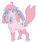 ambiguous_gender blue_eyes feral fur pink_body pink_fur smile solo bloowolfy gashamon_(artist) nintendo pokemon eeveelution espeon generation_2_pokemon generation_6_pokemon hybrid pokemon_(species) sylveon 2023 full-length_portrait hi_res portrait