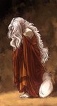 anthro barefoot clothing feet female fluffy fluffy_tail hair hand_on_face hidden_face long_hair revealed_shoulder sad solo tail toga white_hair marcie_montis mirah_(marcie_montis) ambiguous_species absurd_res hi_res