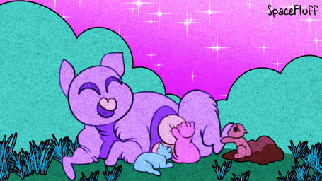 abuse ambiguous_feral ambiguous_gender blue_body breastfeeding brown_body child_abuse crotch_breasts eyes_closed feces female female_feral feral kick lying neonate on_side pain pained_expression pink_body pink_sky plant purple_body shaking shrub sitting sky smile sparkles sucking text violence young young_ambiguous young_feral spacefluff fluffy_pony fluffy_pony_(species) mammal 16:9 2022 2d_animation animated artist_name digital_media_(artwork) english_description widescreen