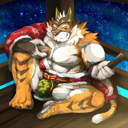 abs alcohol anthro asian_clothing barazoku beverage bulge clothing drunk east_asian_clothing hand_fan japanese_clothing kimono male mask muscular muscular_anthro muscular_male nipples pecs sake sake_dish substance_intoxication superhero jadenord lifewonders live_a_hero ryekie_(live_a_hero) felid mammal pantherine tiger 1:1 hi_res