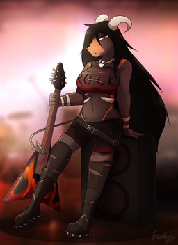 anthro belt boots breasts clothed clothing crop_top electric_guitar female footwear guitar horn legwear midriff musical_instrument plucked_string_instrument shirt shoes solo speaker spiked_boots spiked_clothing spiked_footwear spikes string_instrument thigh_highs topwear fredory nintendo pokemon nisha_ramirez generation_2_pokemon houndoom pokemon_(species)