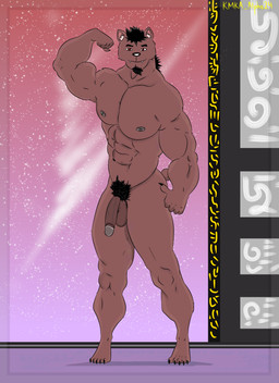 anthro ball_bulge beard big_butt big_muscles big_pecs black_hair brown_body brown_eyes brown_fur butt claws cloud_emanata emanata facial_hair fangs flaccid flexing flexing_bicep fur genitals glans glans_outline hair male musclegut muscular muscular_anthro muscular_male nipples nude painting_(action) pecs penis plantigrade pose scribbles sharp_teeth short_ears short_tail sky solo star starry_sky strong_man surrealism symbolism tail teeth thick_penis kmka bear mammal ursine absurd_res full-length_portrait hi_res portrait