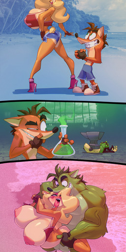 3_toes 4_fingers abdominal_bulge anthro anvil areola bald balls beach big_breasts biped black_clothing black_eyebrows black_fingerless_gloves black_gloves black_handwear blonde_hair blue_bottomwear blue_clothing blue_shorts bottomwear breasts brown_clothing brown_fingerless_gloves brown_footwear brown_gloves brown_hair brown_handwear brown_shoes butt carrying_another carrying_partner clothed clothing detailed_background duo_focus ear_piercing ear_ring eye_contact eyebrows feet female female_penetrated fingerless_gloves fingers flask footwear from_behind_position fur genitals gloves green_body green_eyes green_fur green_hair grin group growth hair hair_over_eye handwear high_heels huge_breasts larger_female larger_male looking_at_another male male/female male_penetrating male_penetrating_female muscle_growth muscular muscular_male nipples orange_body orange_fur outside penetration penile penile_penetration piercing potion pupils ring_piercing sex shoes shorts size_difference smaller_female smaller_male smile standing standing_sex tail thick_eyebrows thick_thighs toes tongue tongue_out toothy_grin topwear torn_clothing torn_gloves torn_handwear torn_shoes torn_topwear transformation vein veiny_muscles yellow_tail bigdad activision crash_bandicoot_(series) crash_bandicoot n._brio tawna_bandicoot bandicoot human mammal marsupial 2025 absurd_res comic hi_res