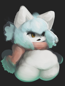 anthro bangs black_nose blue_hair cute_fangs eyelashes fangs featureless_chest featureless_crotch featureless_feet featureless_hands feet female female_anthro fur hair kemono looking_forward nude orange_eyes pupils red_scarf red_tongue scarf solo standing teeth tongue white_body white_ears white_fur hasukii lee_(hasukii) canid canine mammal 3:4 unfinished
