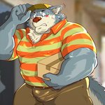 anthro belly blush bottomwear box bulge clothing container delivery_(commerce) delivery_employee hat headgear headwear humanoid_hands kemono male overweight overweight_anthro overweight_male pants postal_carrier postal_delivery shirt solo topwear raichoclub canid canine canis mammal wolf 1:1 2020 hi_res