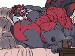 anthro bed bedding belly blanket duo furniture horn male male/male moob_grab moobs musclegut muscular soulasexypanda league_of_legends riot_games tencent ornn_(lol) bovid caprine mammal 4:3 absurd_res hi_res