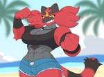 abs anthro beach black_body black_countershading countershading female fur green_eyes muscular navel palm_tree plant red_body red_fur shark_tooth_necklace solo tree yellow_sclera zilikslider nintendo pokemon felid generation_7_pokemon incineroar mammal pokemon_(species) hi_res