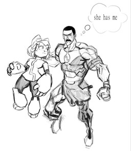 anthro armor bent_whiskers black_nose boots bottomwear breasts buzz_cut clothing dialogue duo eyewear eyewear_on_head facial_hair female female_anthro fighting_pose floating footwear gauntlets gloves goggles goggles_on_head handwear holding_neck loincloth looking_at_another male male_human muscular muscular_male mustache pose shoes symbol_on_chest symbol_on_clothing text thought_bubble tight_clothing topwear whiskers climb_none gameoverse glitch_productions image_comics invincible_(image_comics) kit_bodega thragg_(invincible) domestic_cat felid feline felis human mammal viltrumite crossover english_text hi_res monochrome sketch