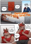 anthro bottomwear cellphone clothing dialogue electronics hat headgear headwear male phone shirt shorts smartphone tank_top text topwear h155296 gym_pals boss_(gym_pals) canid canine canis felid mammal wolf absurd_res comic english_text hi_res