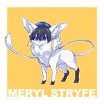 alternate_species black_hair blue_eyes clothing ear_piercing female fur hair hat headgear headwear inner_ear_fluff piercing simple_background solo tuft white_body white_fur trash_boxxxxx trigun trigun_stampede meryl_stryfe canid canine canis mammal 1:1 hi_res