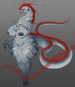 anthro areola big_breasts breasts female female_anthro genitals gradient_background grey_areola grey_background grey_nipples huge_breasts navel nipples non-mammal_breasts non-mammal_navel non-mammal_nipples nude simple_background solo tail thick_thighs vulva wide_hips khemmmis aquatic fish oarfish absurd_res full-length_portrait hi_res portrait