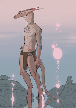 anthro athletic athletic_male big_ears bottomwear bulge claws clothed clothing digitigrade finger_claws hand_on_hip loincloth loincloth_only male nude pond relaxing slim solo tail tan_body tattoo topless bullchicken scalie hi_res
