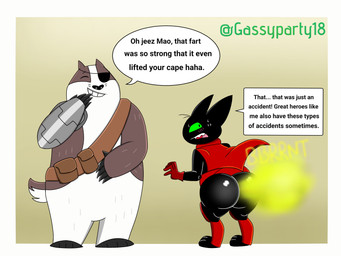 anthro black_body black_fur blush blush_lines bodily_fluids butt butt_focus cape clothing dialogue duo embarrassed eye_patch eyewear fart fart_cloud fart_fetish farting_at_viewer fur gloves green_eyes handwear laugh male male/male male_farting mechanical_arm obese overweight red_clothing red_gloves red_handwear red_scarf scarf speech_bubble sweat sweatdrop text supersonicparty18 cartoon_network mao_mao:_heroes_of_pure_heart badgerclops sheriff_mao_mao_mao badger domestic_cat felid feline felis mammal mustelid musteline 4:3 english_text hi_res