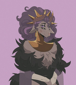 2_horns 4_eyes anthro breasts cleavage clothed clothing eyes_closed female fur gloves handwear horn looking_at_viewer multi_eye simple_background smile solo akabaka cthulhu_mythos h._p._lovecraft lovecraftian_(genre) sucker_for_love sucker_for_love:date_to_die_for rhok'zan_(sucker_for_love) shub-niggurath_(h.p._lovecraft) bovid caprine caprine_demon deity demon eldritch_being goat goat_demon mammal outer_god_(h.p._lovecraft) hi_res