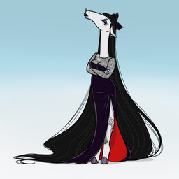 big_breasts breasts classy clothing dress female hair larger_female leg_tattoo long_hair size_difference slim solo stuck_up tattoo jazminecanaan equid equine horse mammal 1:1 absurd_res hi_res