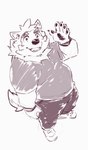 anthro bottomwear clothing footwear gesture looking_at_viewer male pants shirt shoes slightly_chubby smile sneakers solo t-shirt topwear waving heylaw21 lifewonders live_a_hero mokdai canid canine canis domestic_dog mammal absurd_res hi_res sketch