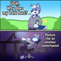 4_fingers anthro bad_posture black_bottomwear black_clothing black_pants blue_body blue_ears blue_eyebrows blue_hair blue_pawpads bottomwear chair clothing computer computer_keyboard computer_mouse detailed_background dialogue directional_arrow electronics eyebrows eyes_closed fingers fur fur_markings furniture grey_clothing grey_sweater grey_topwear hair hand_on_computer_mouse hand_on_leg inner_ear_fluff inside looking_at_screen markings office_chair open_mouth outside pants pawpads sitting solo sweater text topwear tuft two_panel_image yellow_inner_ear yellow_inner_ear_fluff yellow_markings itsnightzy canid canine canis mammal wolf 1:1 2022 comic digital_media_(artwork) english_text