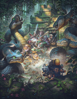 ambiguous_gender armor arrow_in_neck axe beard blue_body blue_scales bow_(weapon) brown_body brown_skin clothing dagger detailed_background facial_hair fangs female feral forest group hat headgear headwear holding_arrow holding_axe holding_bow_(weapon) holding_melee_weapon holding_object holding_polearm holding_ranged_weapon holding_shield holding_spear holding_staff holding_sword holding_weapon hood jungle lute male melee_weapon musical_instrument outside plant plucked_string_instrument polearm ranged_weapon scabbard scales shield spear staff stone_floor string_instrument sword teeth temple tree vore weapon witch_hat justin_gerard dwarf human mammal reptile scalie snake 2023 absurd_res digital_media_(artwork) hi_res