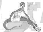 anthro breasts clothed clothing female footwear fully_clothed furgonomics long_neck looking_at_viewer scales shirt shoes sitting slim small_breasts solo tall tank_top topwear yamabat reptile scalie snake hi_res monochrome sketch