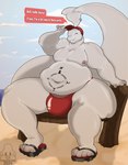 absurd_res ambient_bird ambient_flier anthro balls barely_visible_balls barely_visible_genitalia barely_visible_penis beach belly belly_tattoo beluga big_belly big_bulge big_tail bigburrbailey biped bulge cetacean clothing detailed_bulge dolphin eyes_closed footwear furgonomics furry-specific_piercing genitals hat headgear headwear hi_res huge_belly huge_bulge male male_anthro mammal marine monodontid moobs overweight overweight_male penis penis_base piercing plantigrade sandals sitting smile solo speech_bubble speedo swimwear tail tail_piercing tattoo toothed_whale wide_hips william_(bigburrbailey)