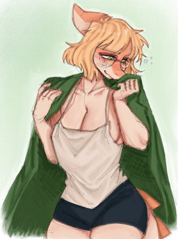 anthro big_breasts biped black_bottomwear black_clothing black_shorts blonde_hair blush bone_frill bottomwear breasts clothed clothing eyewear female fingers frill_(anatomy) front_view glasses green_clothing green_eyes green_jacket green_topwear hair happy humanoid_hands jacket medium_hair messy_hair open_clothing open_jacket open_topwear orange_body shirt shorts side_boob simple_background smile sniffing sniffing_clothes solo spiked_tail spikes spikes_(anatomy) standing tail tank_top topwear white_body white_clothing white_shirt white_tank_top white_topwear unknown_artist goodbye_volcano_high ko_op_(game_developer) naomi_(gvh) dinosaur hadrosaurid ornithischian ornithopod parasaurolophus prehistoric_species reptile scalie colored guide_lines half-length_portrait portrait