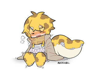 ambiguous_gender anthro blush blush_lines bodily_fluids bottomwear clothing dot_eyes drooling male markings saliva scarf shaking shorts simple_background simple_eyes solo spots spotted_body tail tail_mouth teeth unusual_anatomy unusual_tail white_background yellow_body aoihinoki1024 eel_(aoihinoki1024) aquatic eel fish humanoid hybrid signature male_(lore)